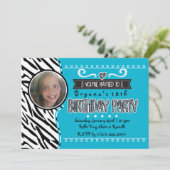 Blauwgroen & Zebra Meisjes Verjaardag Foto Uitnodi Kaart (Staand voorkant)