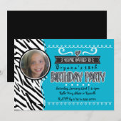 Blauwgroen & Zebra Meisjes Verjaardag Foto Uitnodi Kaart (Voorkant / Achterkant)