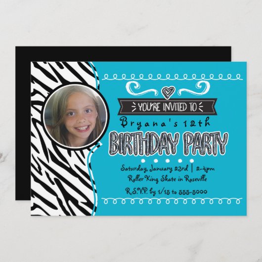 Blauwgroen & Zebra Meisjes Verjaardag Foto Uitnodi Kaart (Voorkant / Achterkant)
