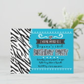 Blauwgroen & Zebra Meisjes Verjaardagsfeestuitnodi Kaart (Staand voorkant)