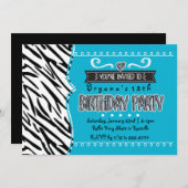 Blauwgroen & Zebra Meisjes Verjaardagsfeestuitnodi Kaart (Voorkant / Achterkant)