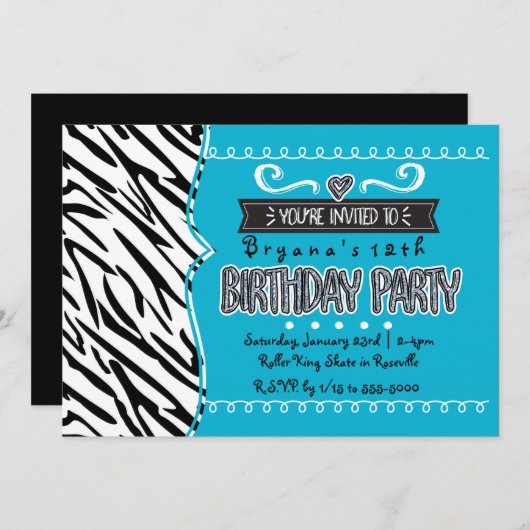 Blauwgroen & Zebra Meisjes Verjaardagsfeestuitnodi Kaart (Voorkant / Achterkant)