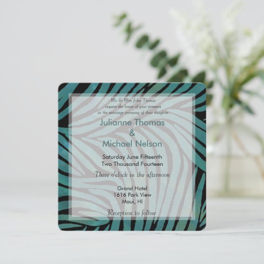Blauwgroen Zebra Print Bruiloft Kaart (Staand voorkant)