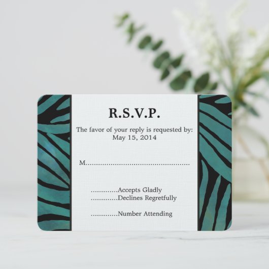 Blauwgroen Zebra Print Bruiloft RSVP (Staand voorkant)