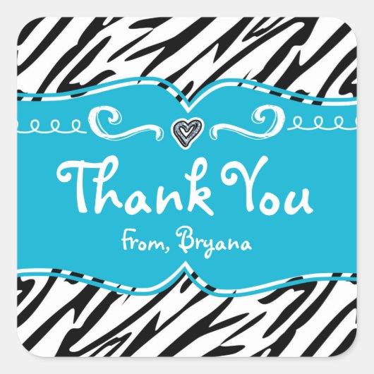 Blauwgroen & Zebra Print Meisjes Verjaardagsfeestj Vierkante Sticker (Voorkant)