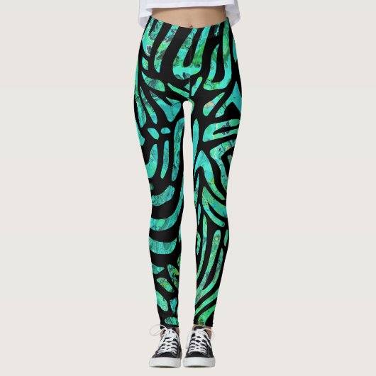  Blauwgroen Zebra Stripe-ontwerp Leggings (Voorkant)