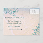 Blauwgroen  Zee Shell Scroll Beach Sla de datum op Aankondigingskaart (Achterkant)