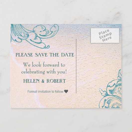 Blauwgroen Zee Shell Scroll Beach Sla de datum op Aankondigingskaart (Achterkant)