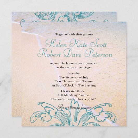 Blauwgroen  Zee Shell Scroll Beach Wedding Invite Kaart (Voorkant / Achterkant)