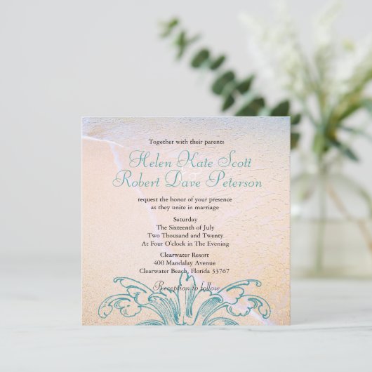 Blauwgroen  Zee Shell Scroll Beach Wedding Invite Kaart (Staand voorkant)
