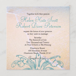 Blauwgroen  Zee Shell Scroll Beach Wedding Invite Kaart