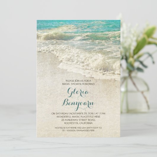 blauwgroen zee strand bruids douche uitnodiging (Staand voorkant)