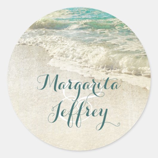 Blauwgroen Zee Waves Beach Bruiloft Ronde Sticker (Voorkant)