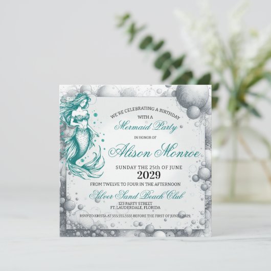 Blauwgroen Zeemeermin Party Invite Feestdagenkaart (Staand voorkant)