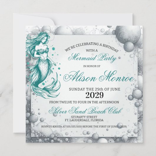 Blauwgroen Zeemeermin Party Invite Feestdagenkaart (Voorkant)