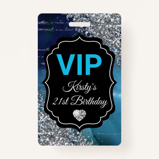 Blauwgroen Zeemeermin Silver Glitter Birthday VIP Badge (Voorkant)