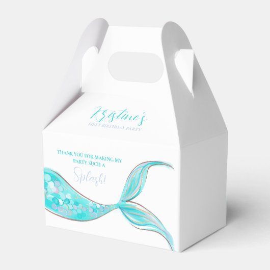 Blauwgroen zeemeermin staart thema verjaardagsguns bedankdoosjes (Achterkant)