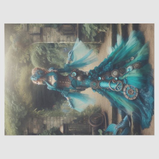 Blauwgroen Zeemeermin Steampunk Victoriaans Dame Tissuepapier (Voorkant)