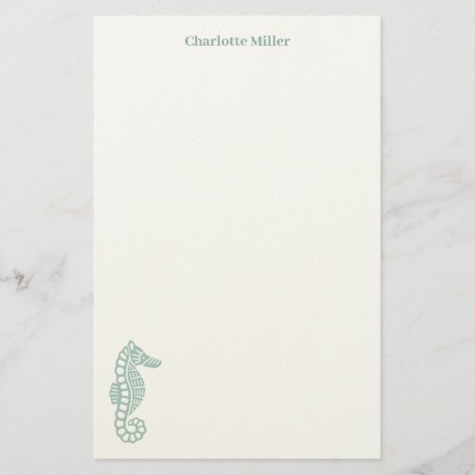Blauwgroen zeepaardblokdruk kust gepersonaliseerd briefpapier (Voorkant)