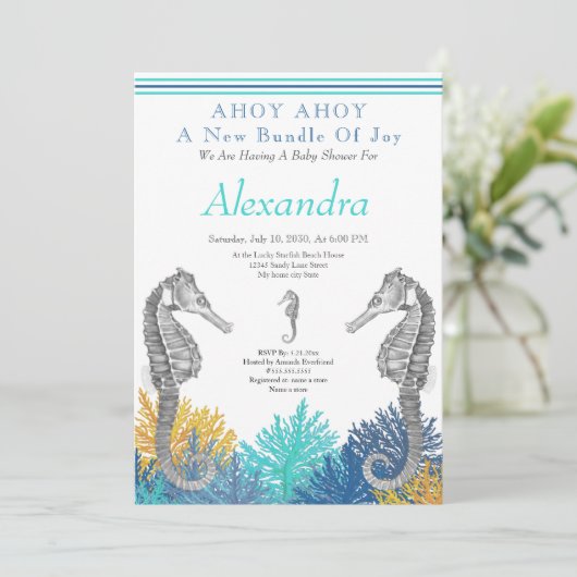 Blauwgroen zeepaardje, uitnodiging voor het Baby s (Staand voorkant)