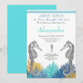 Blauwgroen zeepaardje, uitnodiging voor het Baby s (Voorkant / Achterkant)