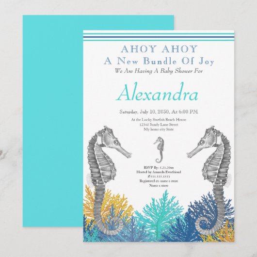 Blauwgroen zeepaardje, uitnodiging voor het Baby s (Voorkant / Achterkant)