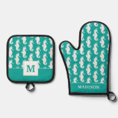 Blauwgroen zeepaardpatroon 1 ovenwant & pannenlap set (Voorkant)