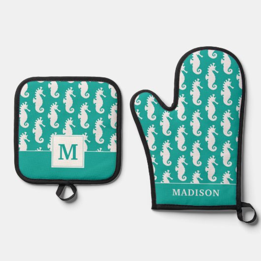 Blauwgroen zeepaardpatroon 1 ovenwant & pannenlap set (Voorkant)