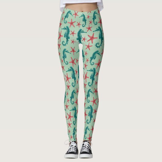 Blauwgroen zeepaardpatroon 2 leggings (Voorkant)