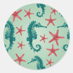 Blauwgroen zeepaardpatroon 2 ronde sticker
