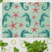 Blauwgroen zeepaardpatroon 2 theedoek (Gevouwen)
