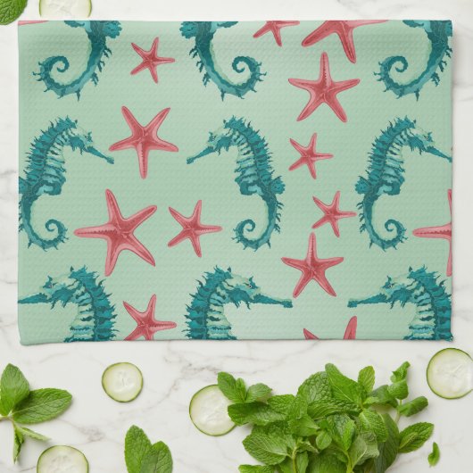 Blauwgroen zeepaardpatroon 2 theedoek (Gevouwen)