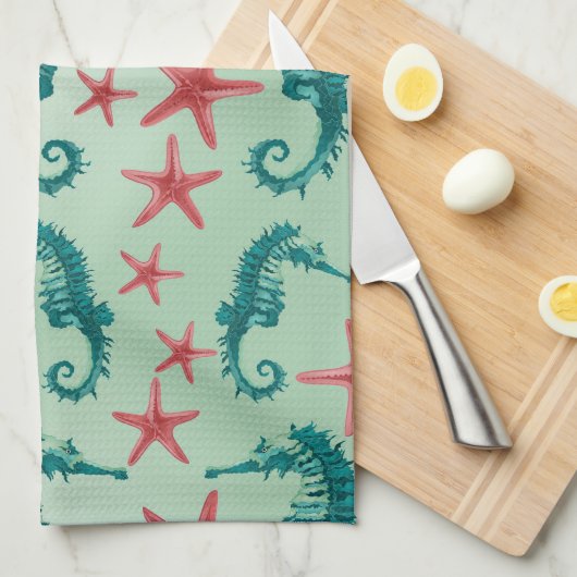 Blauwgroen zeepaardpatroon 2 theedoek (Quarter Fold)