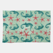 Blauwgroen zeepaardpatroon 2 theedoek (Horizontaal)