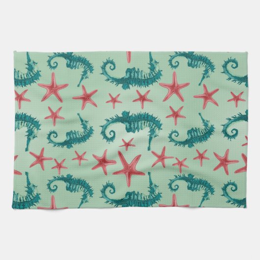 Blauwgroen zeepaardpatroon 2 theedoek (Horizontaal)