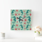 Blauwgroen zeepaardpatroon 2 vierkante klok (Huis)