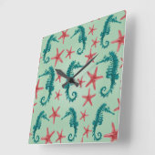 Blauwgroen zeepaardpatroon 2 vierkante klok (Hoek)