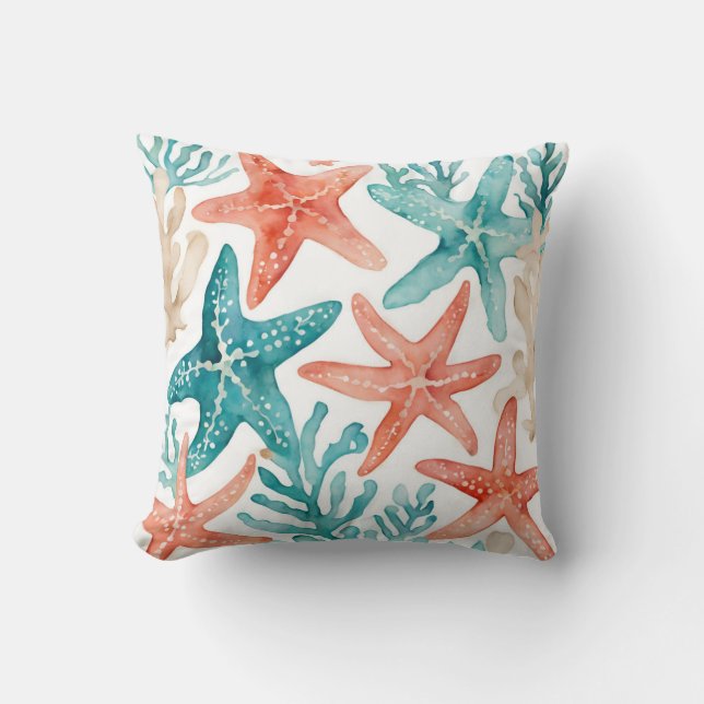 Blauwgroen zeester Beachy Seashell Pattern Kussen (Voorkant)
