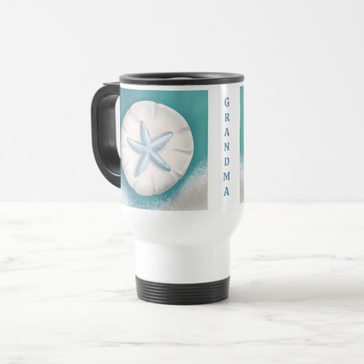  Blauwgroen zeester gepersonaliseerd strand Reisbeker (Voorkant links)