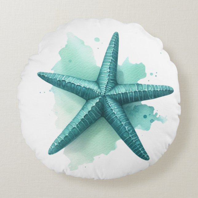 Blauwgroen Zeester Zeeschelp Beachy Coastal Shell Rond Kussen (Voorkant)
