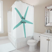 Blauwgroen zeesterren Vrolijke Kerstmis aangepaste Douchegordijn (In situ)