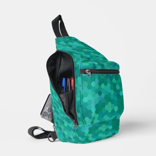 Blauwgroen zeshoeken sling bag (Open)