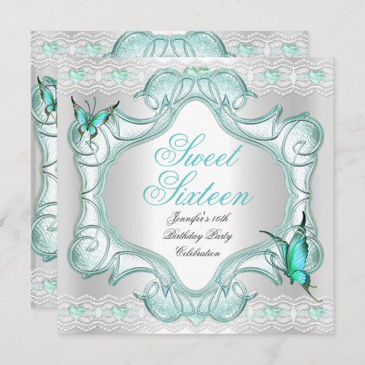 Blauwgroen zestien witte vlinders van 16 partijen kaart (Voorkant / Achterkant)