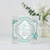 Blauwgroen zestien witte vlinders van 16 partijen kaart (Staand voorkant)