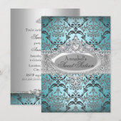Blauwgroen & Zilver Damask Sweet 16 Invite Kaart (Voorkant / Achterkant)