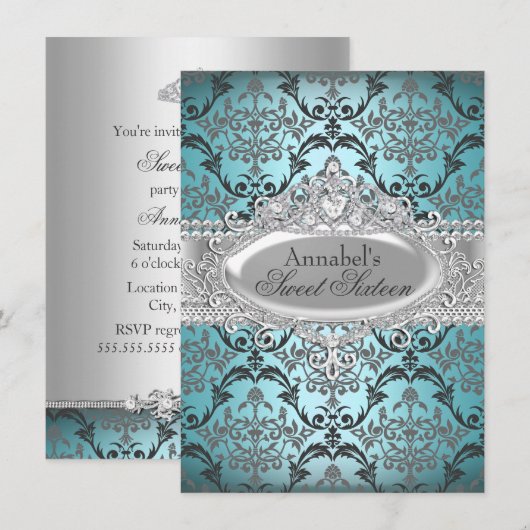 Blauwgroen & Zilver Damask Sweet 16 Invite Kaart (Voorkant / Achterkant)
