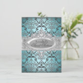  Blauwgroen & Zilver Damask Sweet 16 Invite Kaart (Staand voorkant)