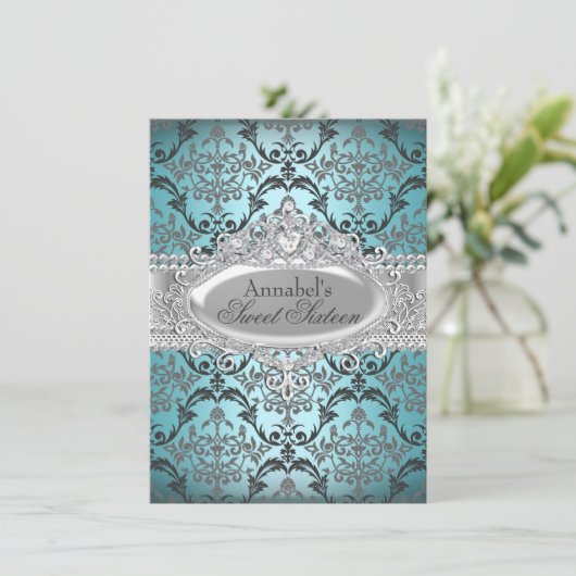 Blauwgroen & Zilver Damask Sweet 16 Invite Kaart (Staand voorkant)