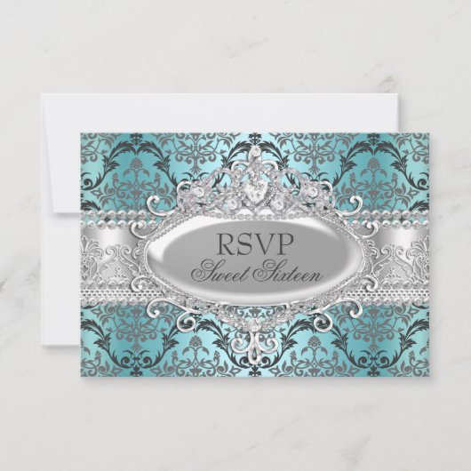  Blauwgroen & Zilver Damask Sweet 16 RSVP (Voorkant)