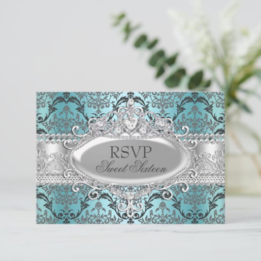  Blauwgroen & Zilver Damask Sweet 16 RSVP (Staand voorkant)